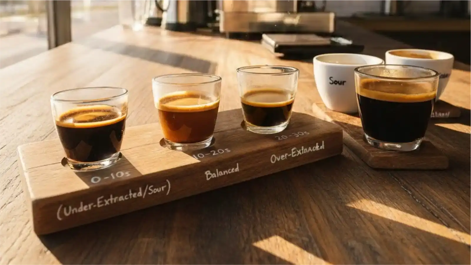 A barista closely observing an espresso extraction