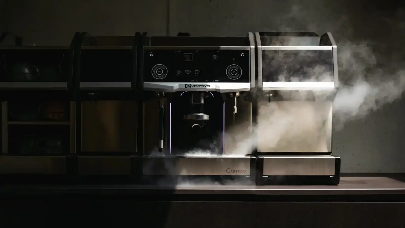 A modern office breakroom with a premium Eversys coffee system