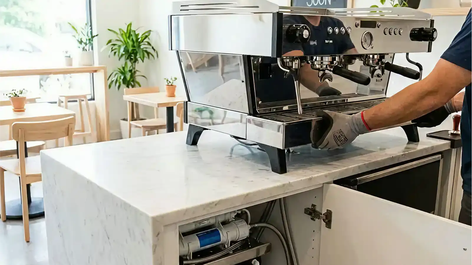 Technician installing a commercial espresso machine with tools and plumbing visible