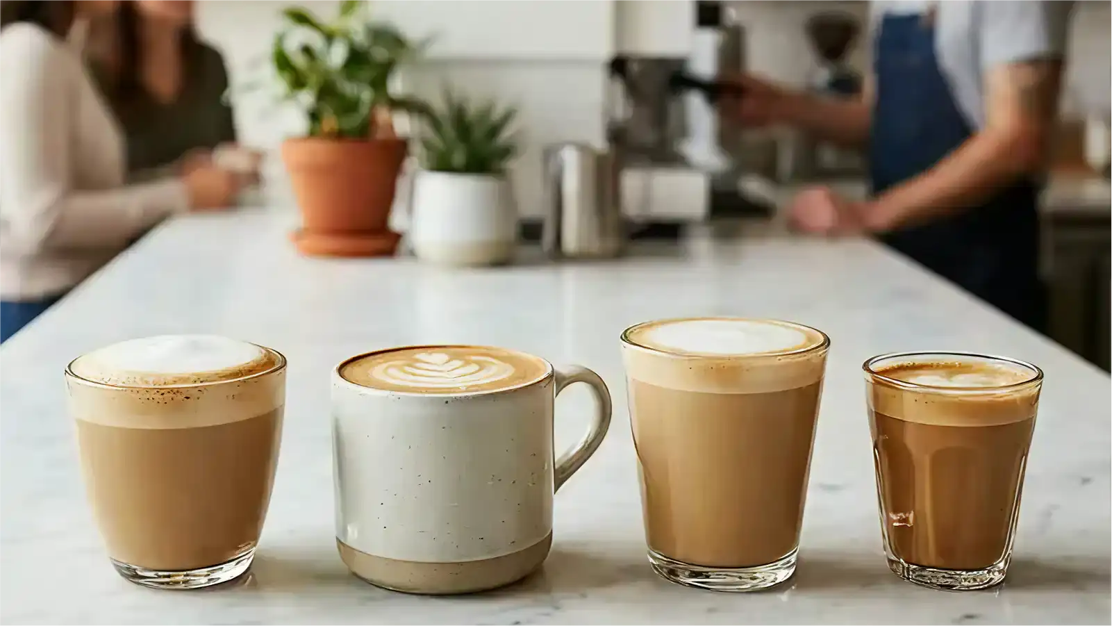 Array of espresso-based drinks showing different milk ratios