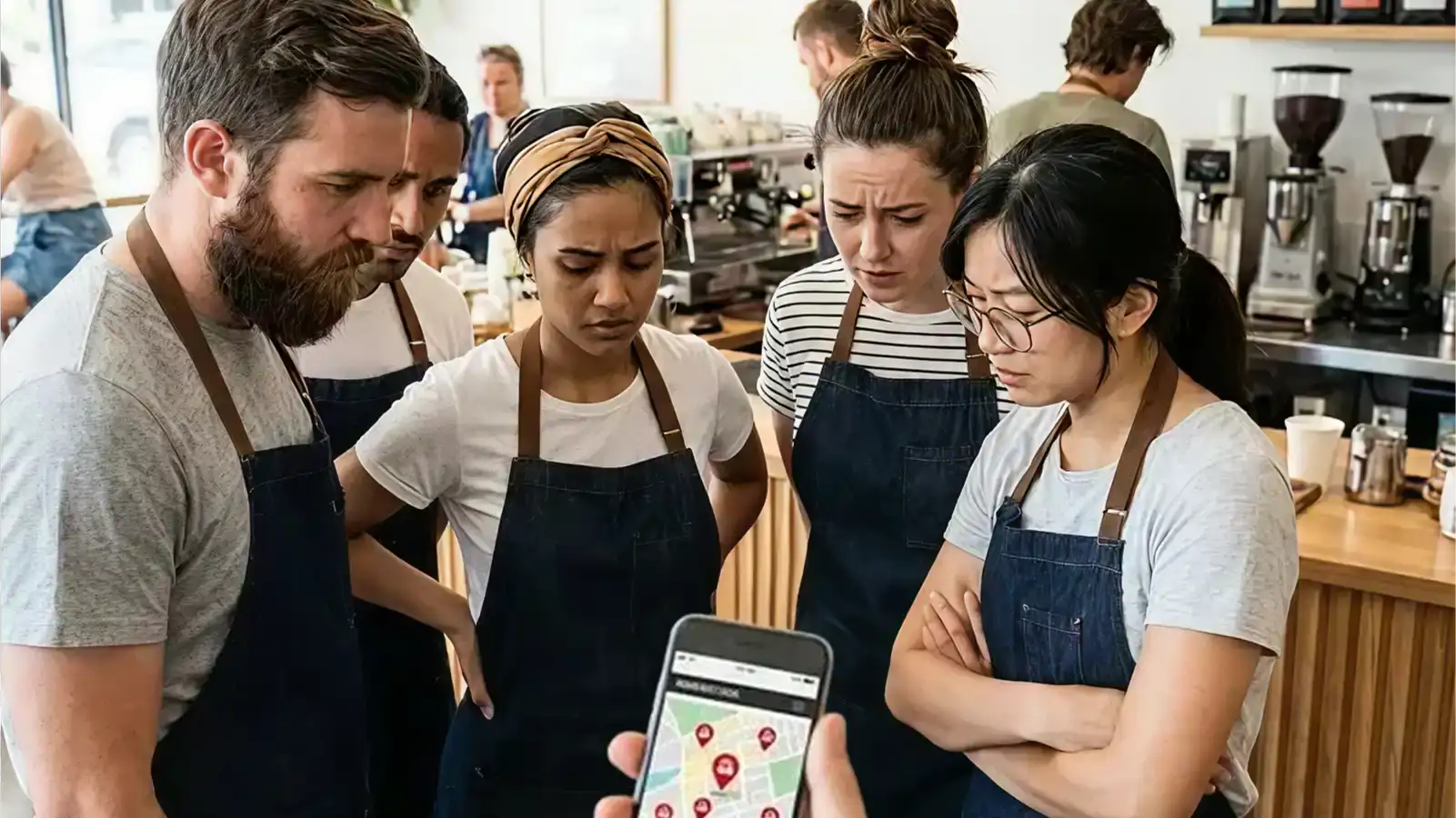 A cafe team meeting discussing schedules and training