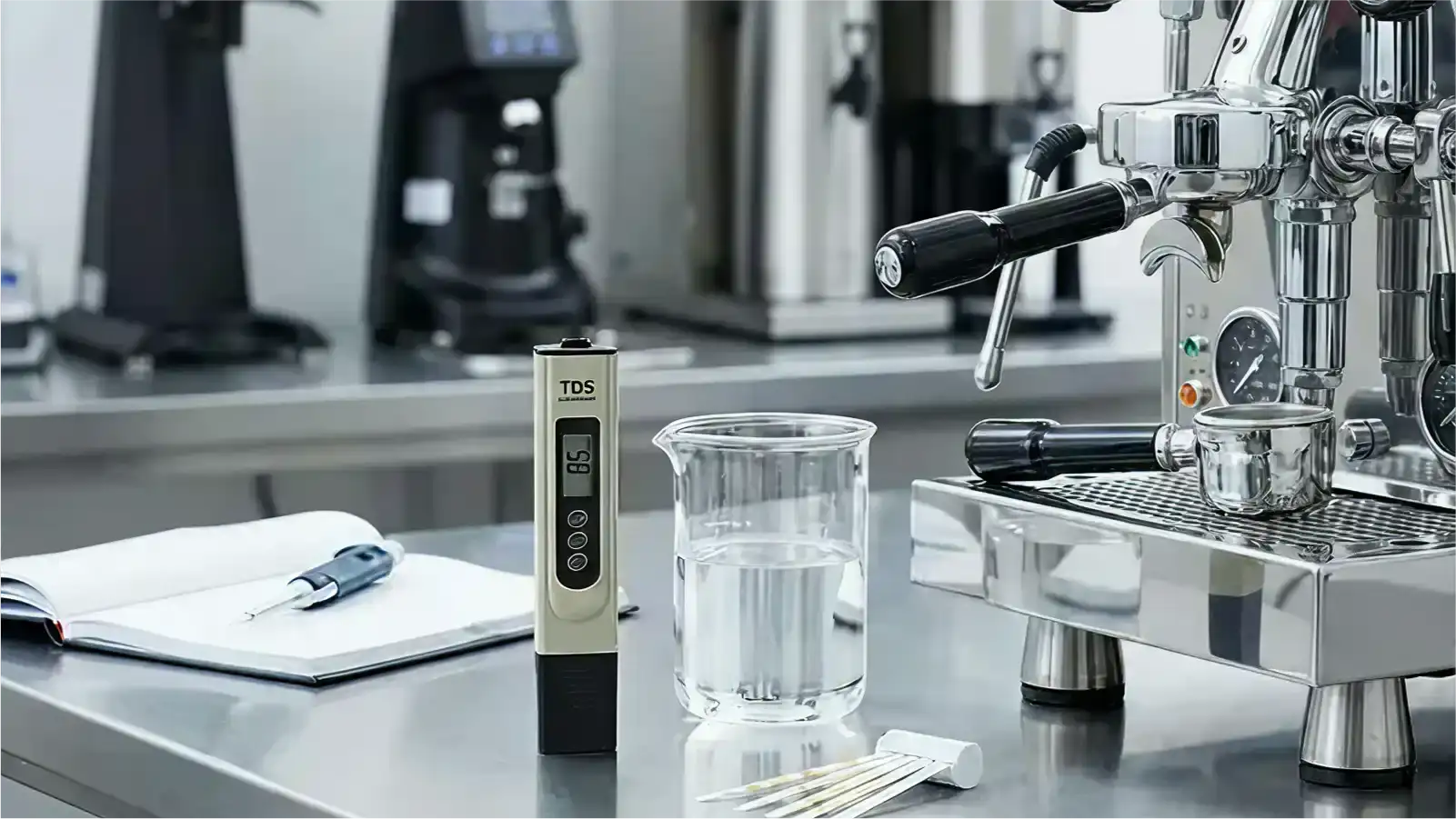 Barista testing water hardness with a titration kit